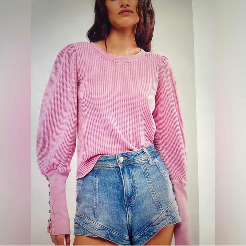 FP One Free People Wesley Thermal Top Waffle Button Cuff Puff Sleeve Pink Sz M